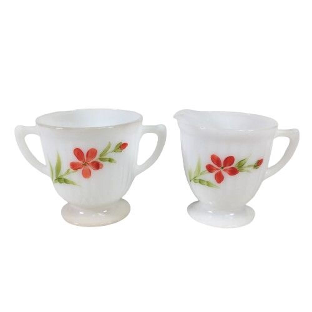 Macbeth Evans Monax Petalware Florette Red Floral Cream & Sugar Bowl Set Footed